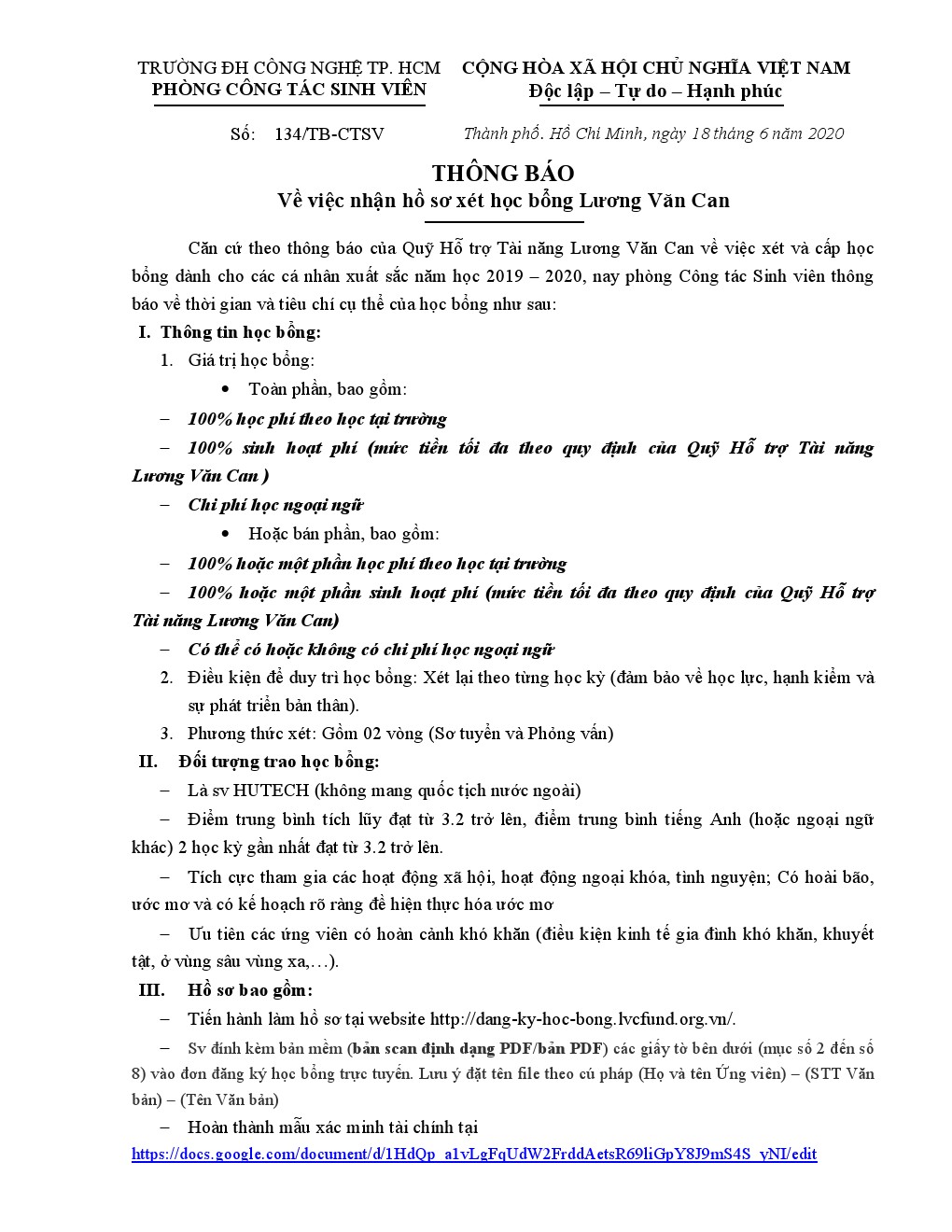 134/TB-CTSV tiếp nhận hồ sơ xét học bổng Lương Văn Can 2
