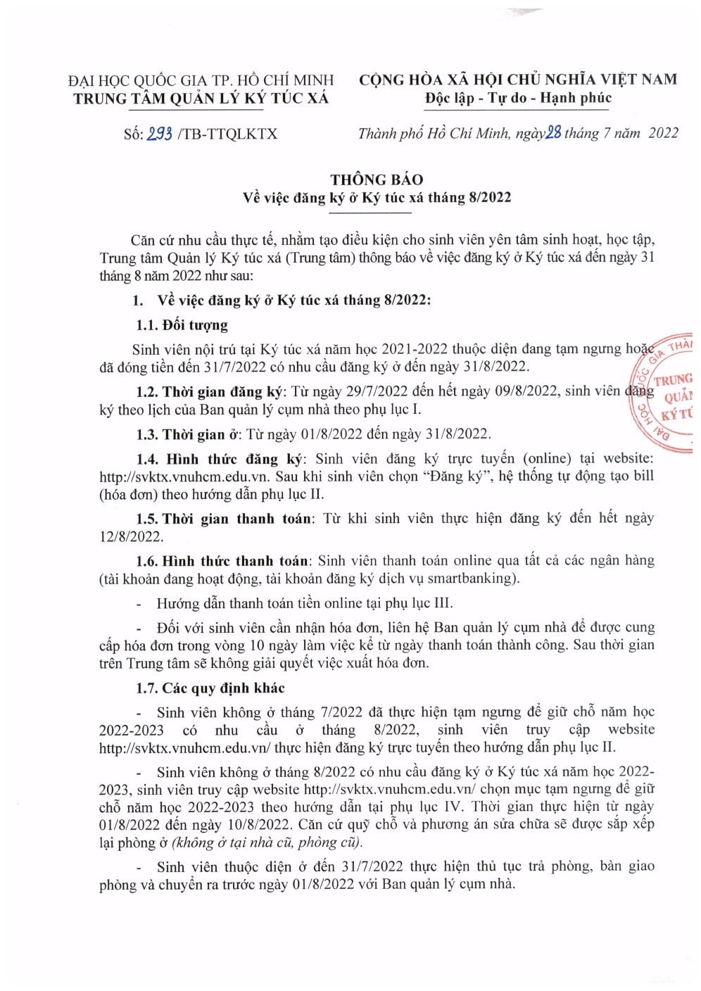 293/TB-TTQLKTX về việc đăng ký ở Ký túc xá Đại học Quốc Gia Tp. Hồ Chí Minh tháng 08/2022 3
