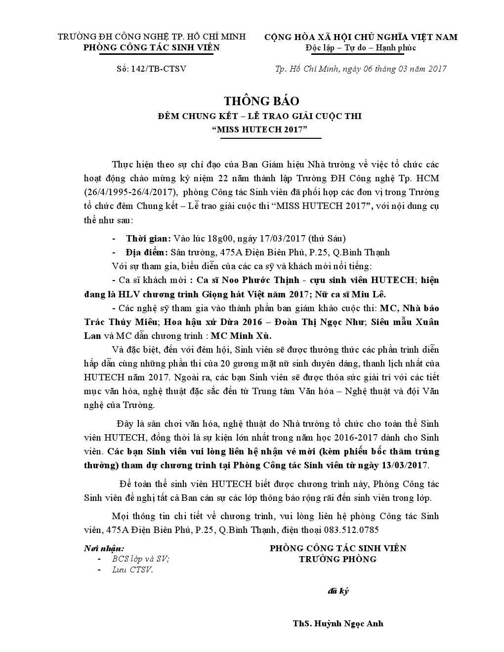 Thông báo 142/TB-CTSV tổ chức Đêm chung kết - lễ trao giải cuộc thi MISSHUTECH 2017 2