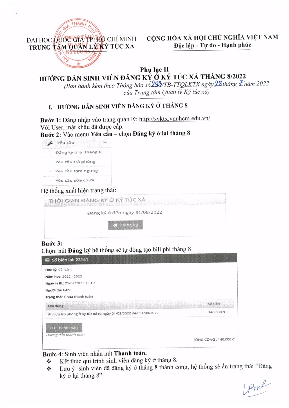 293/TB-TTQLKTX về việc đăng ký ở Ký túc xá Đại học Quốc Gia Tp. Hồ Chí Minh tháng 08/2022 6