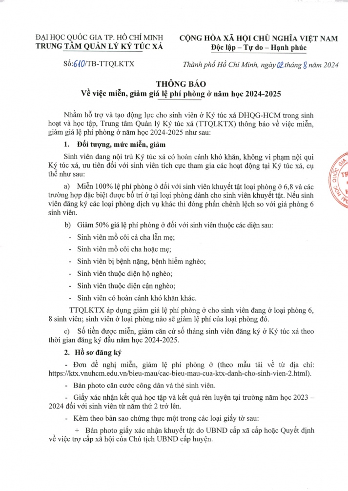 610/TB-TTQLKTX về việc miễn, giảm giá lệ phí phòng ở năm học 2024-2025 2