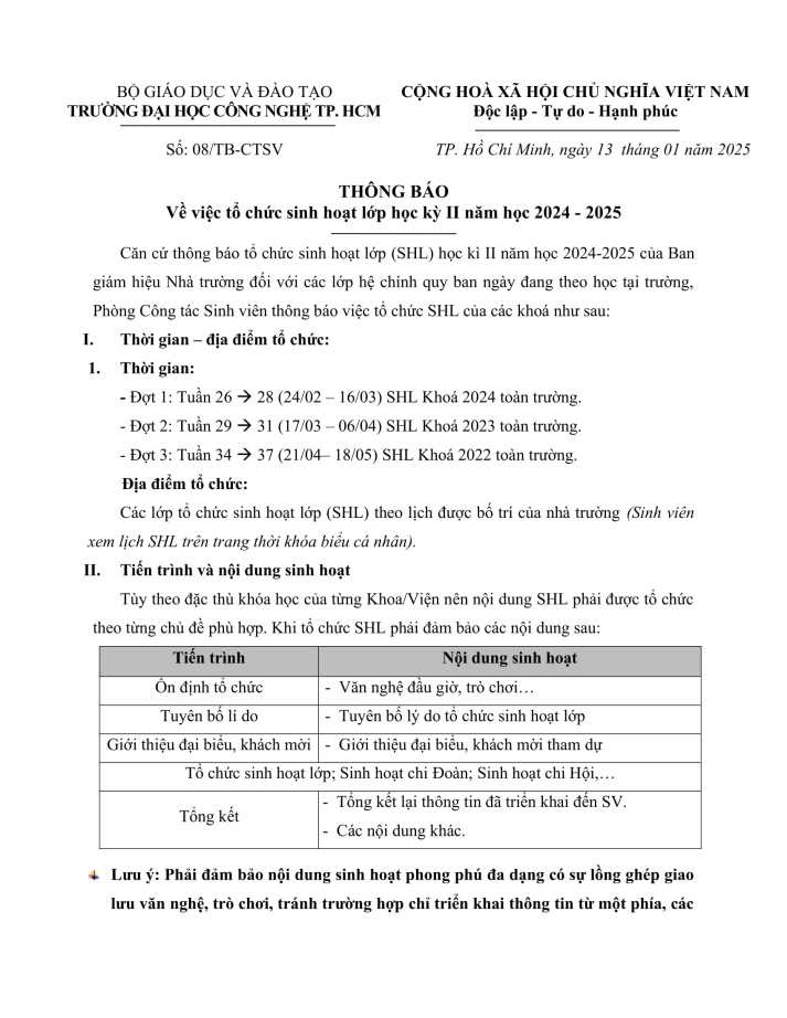 08/TB-CTSV về việc tổ chức sinh hoạt lớp học kỳ 2 năm học 2024-2025 2