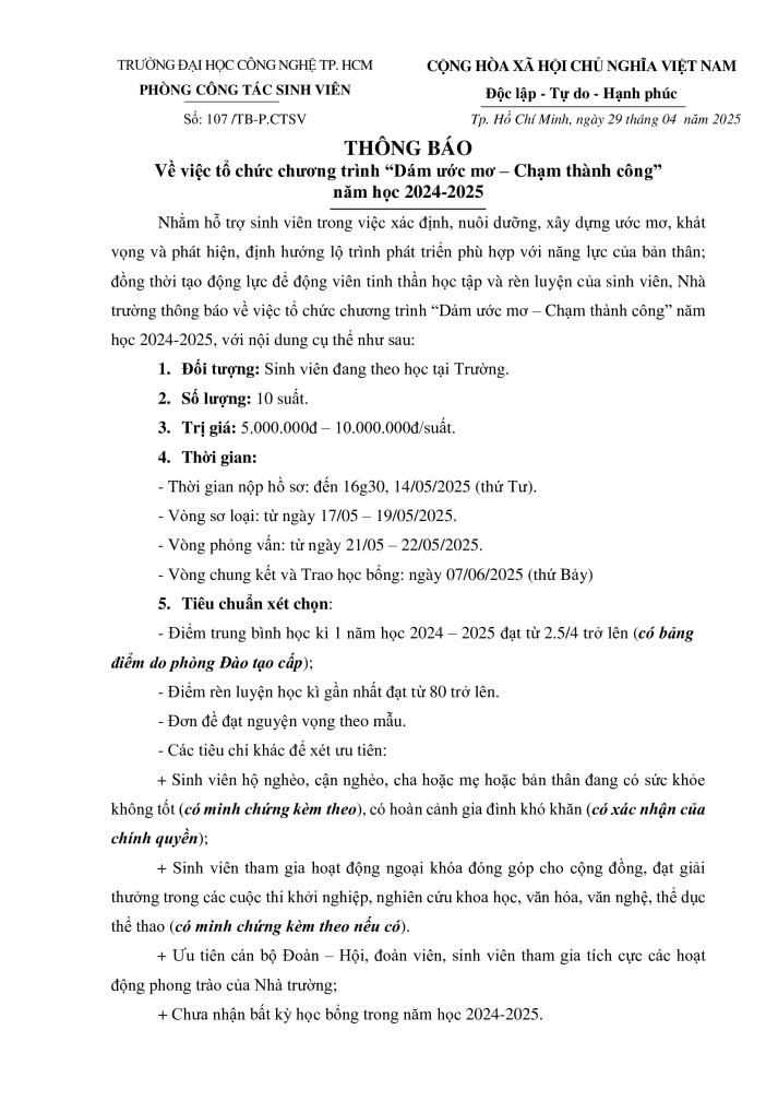 107/TB-CTSV tiếp nhận hồ sơ tham gia chương trình Dám ước mơ - Chạm thành công năm 2025 2