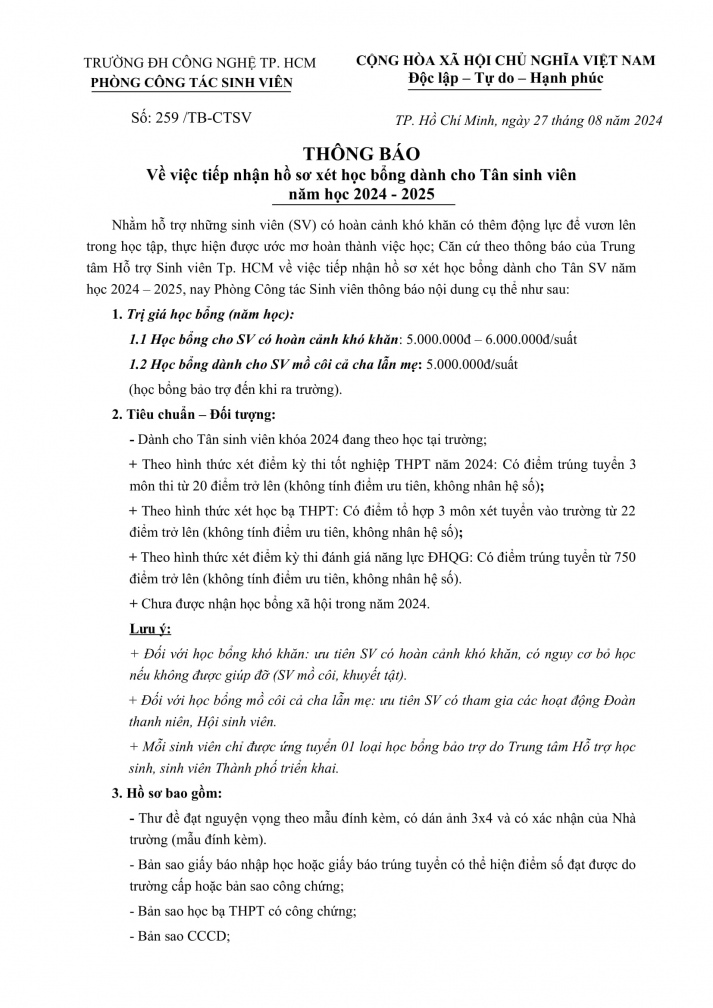 259/TB-CTSV về việc tiếp nhận hồ sơ xét học bổng dành cho Tân sinh viên năm học 2024-2025 2
