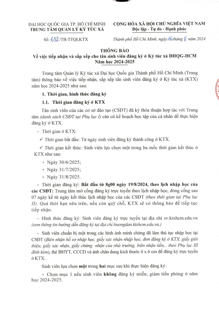 652/TB-TTQLKTX về việc tiếp nhận và sắp xếp cho Tân sinh viên đăng ký ở Ký túc xá ĐHQG-HCM năm học 2024-2025 2