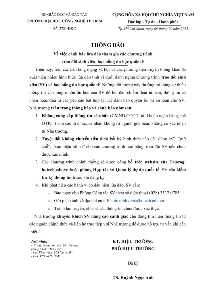 2721/ĐKC về việc cảnh báo lừa đảo tham gia các chương trình trao đổi sinh viên, học bổng du học quốc tế 2