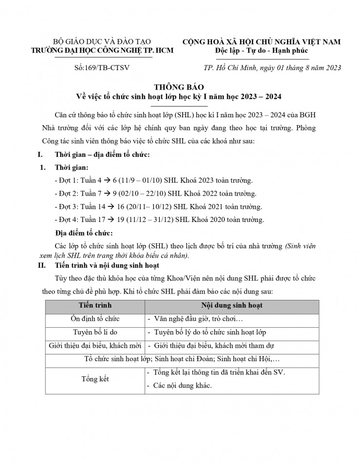 169/TB-CTSV về việc tổ chức Sinh hoạt lớp học kỳ 1 năm học 2023-2024 2