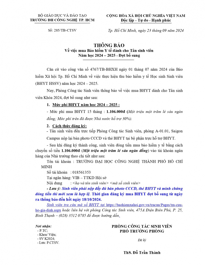 285/TB-CTSV về việc tiếp nhận đăng ký mua Bảo hiểm y tế dành cho Tân sinh viên năm học 2024-2025 - Đợt bổ sung 2