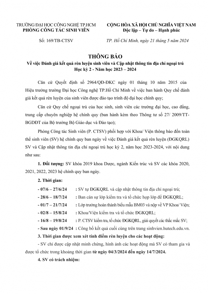 169/TB-CTSV về việc thực hiện Đánh giá rèn luyện sinh viên học kỳ 2 năm học 2023-2024 2