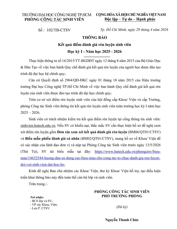 102/TB-CTSV Kết quả điểm Đánh giá rèn luyện sinh viên Học kỳ 1 - năm học 2025-2026 3