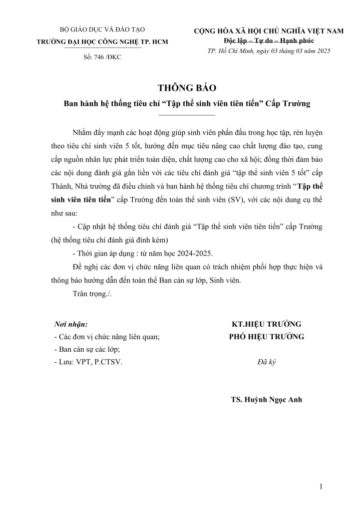 746/TB-ĐKC ban hành hệ thống tiêu chí "Tập thể sinh viên tiên tiến" cấp Trường 2