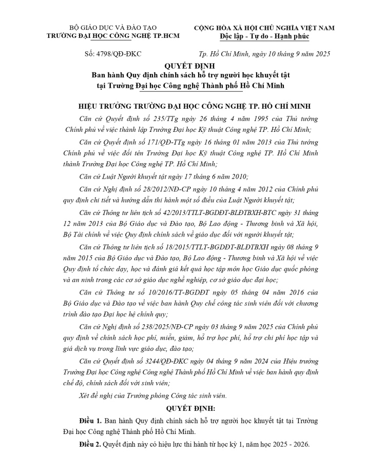 Quy định chính sách hỗ trợ người học khuyết tật tại Trường Đại học Công nghệ Thành phố Hồ Chí Minh 2