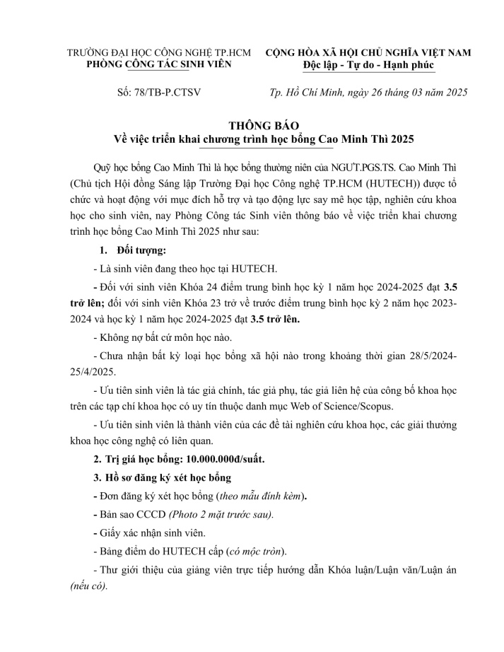 78/TB-CTSV về việc triển khai tiếp nhận hồ sơ xét học bổng Cao Minh Thì năm 2025 2