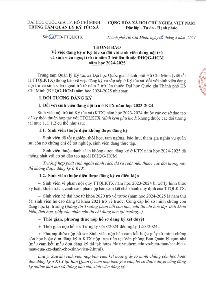 620/TB-TTQLKTX về việc đăng ký ở Ký túc xá đối với sinh viên đang nội trú và sinh viên ngoại trú từ năm 2 trở lên thuộc ĐHQG-HCM năm học 2024-2025 2