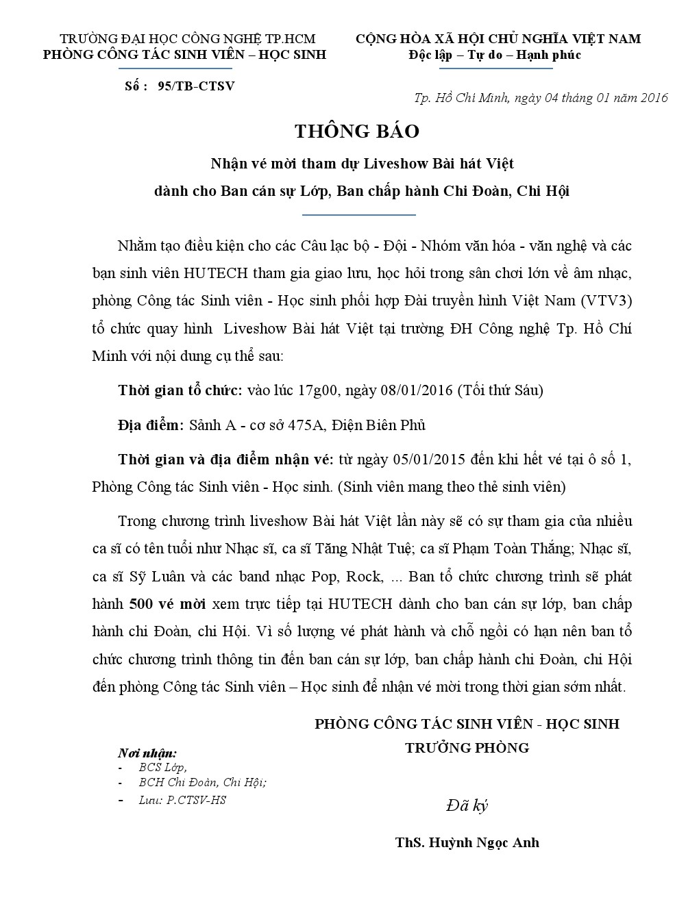 Thông báo 95/TB-CTSV nhận vé mời tham dự liveshow Bài hát Việt 2