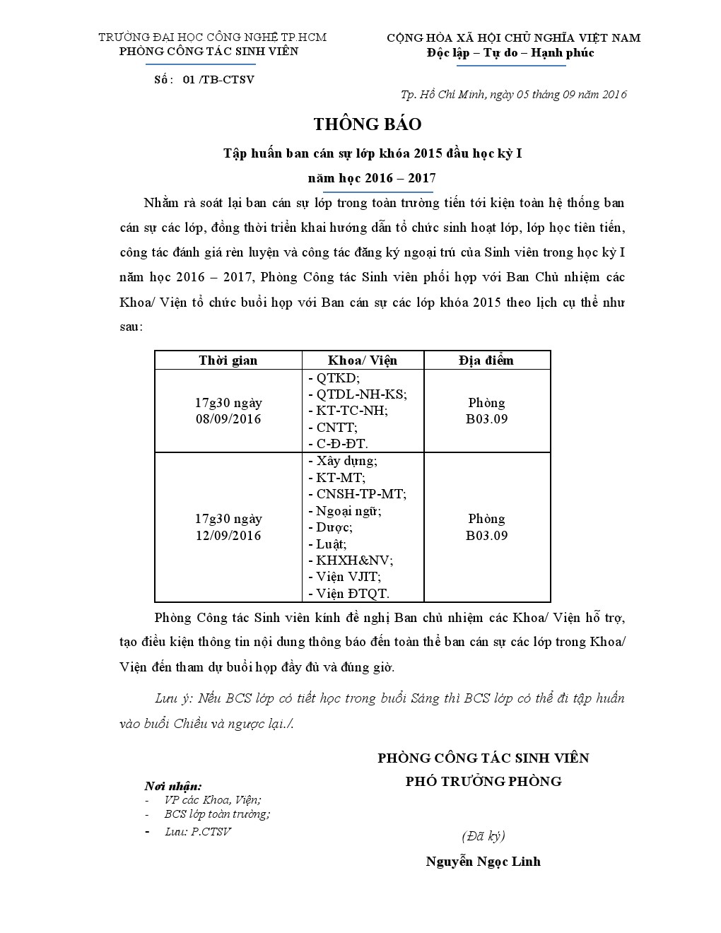 Thông báo về việc tập huấn Ban cán sự lớp khóa 2015 HK1_NH 2016 - 2017 2