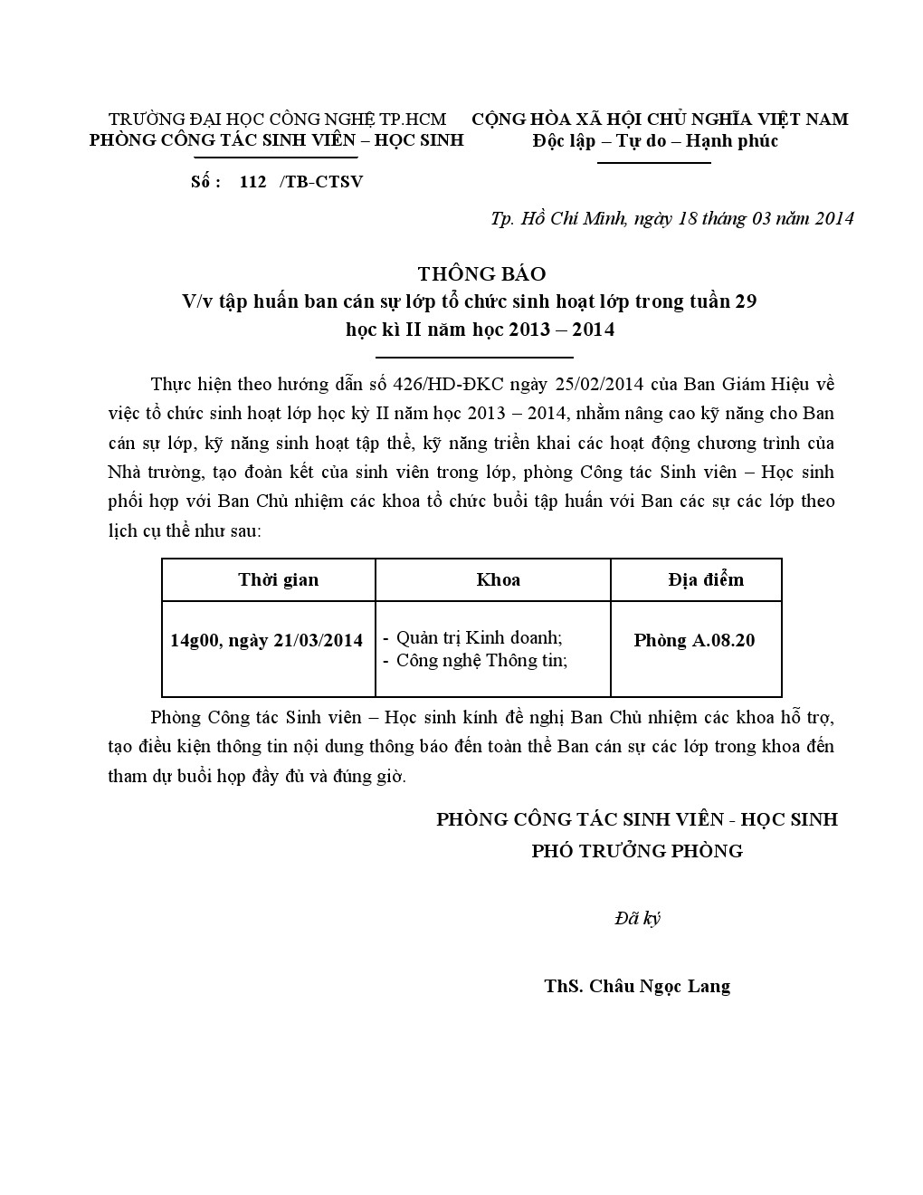 Thông báo số 112-TB-CTSV Vv tập huấn Ban cán sự lớp tổ chức sinh hoạt lớp  HK II năm học 2013 - 2014 3