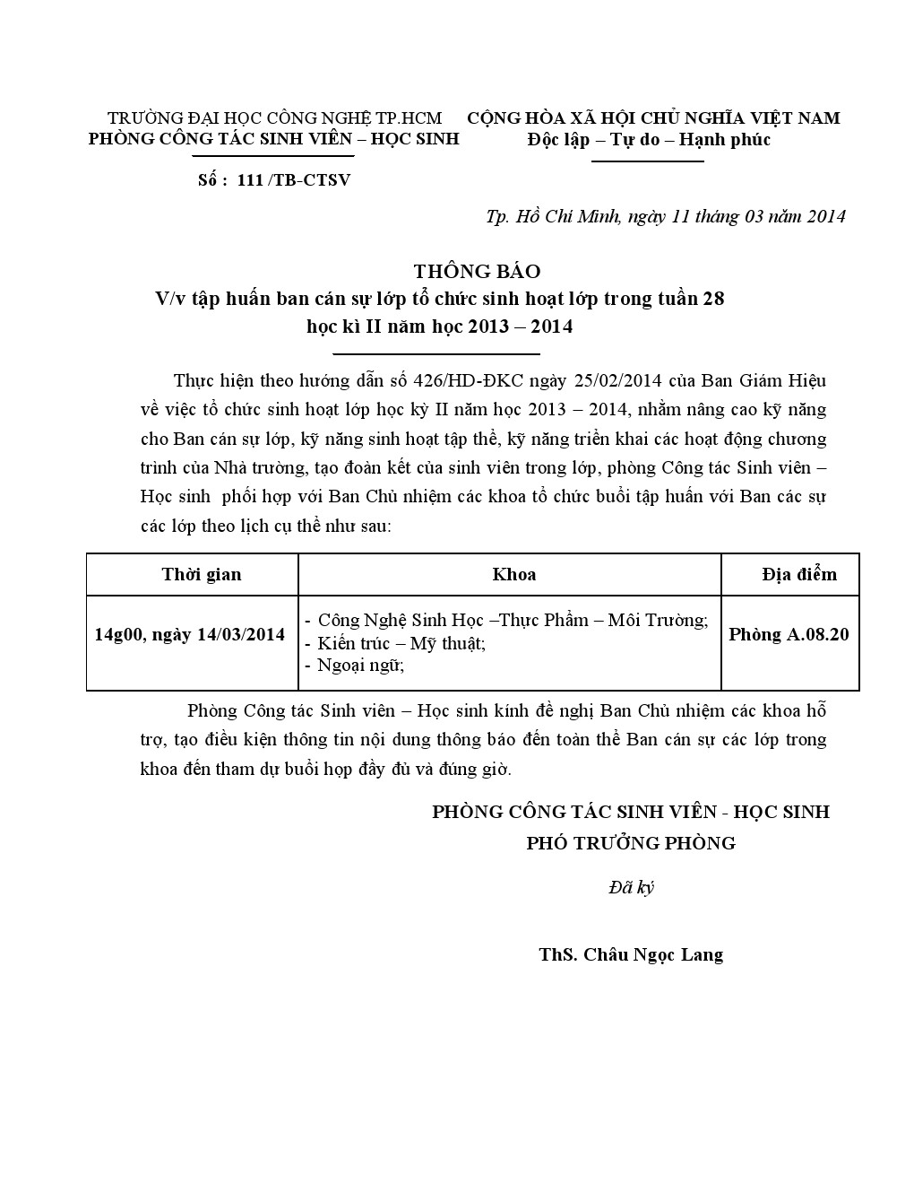 Thông báo số 111-TB-CTSV Vv tập huấn Ban cán sự lớp tổ chức sinh hoạt lớp  HK II năm học 2013 - 2014 3