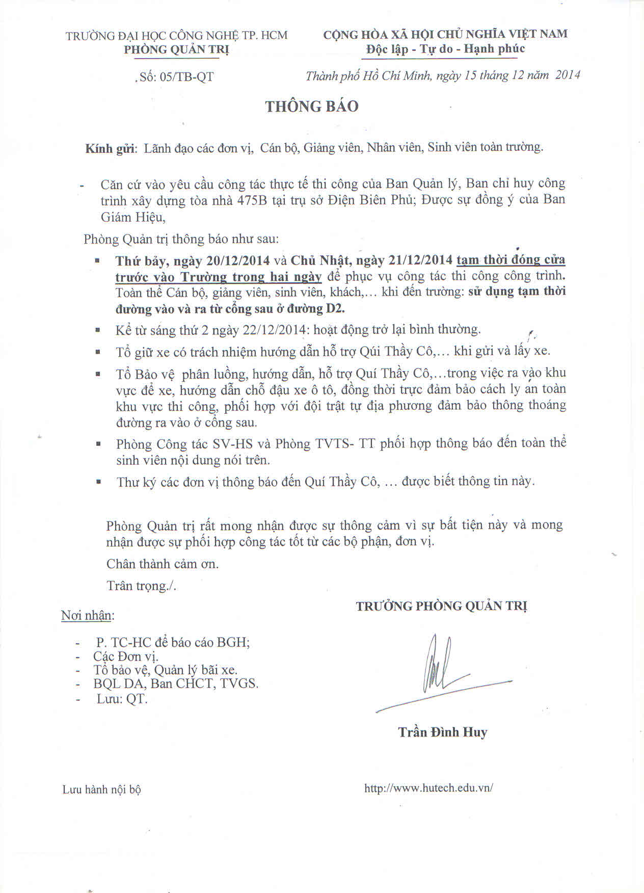 Thông báo 05/TB-QT về việc tạm thời đóng cửa trước vào Trường tại cơ sở 475A, Điện Biên Phủ trong 2  3
