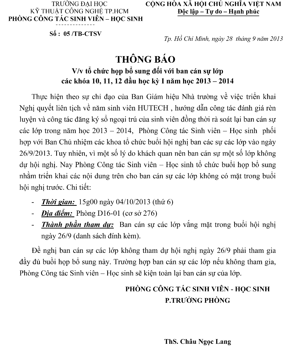 Thông báo 05/TB-CTSV V/v tổ chức họp bổ sung đối với ban cán sự lớp  các khóa 10, 11, 12 đầu học kỳ  3