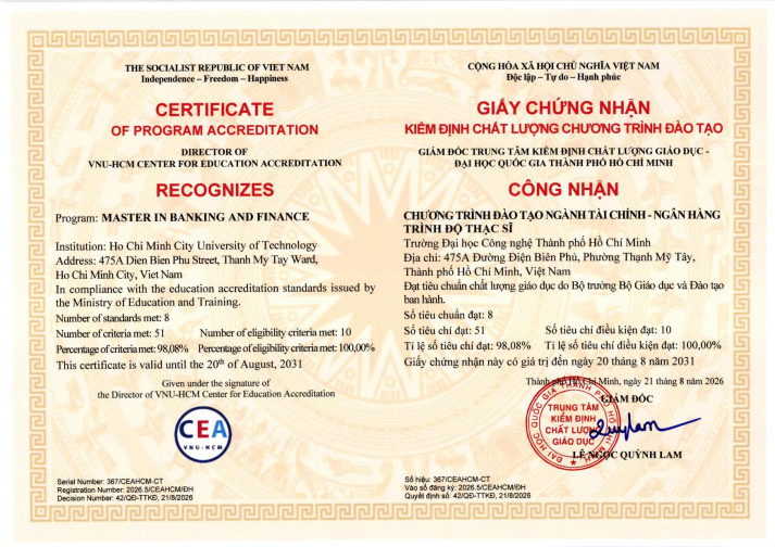 Giấy chứng nhận ngành Tài chính - Ngân hàng đạt chuẩn kiểm định trình độ Thạc sĩ