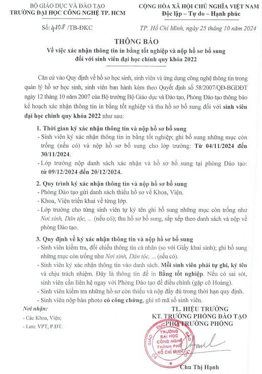 Thông báo về việc xác nhận thông tin in bằng tốt nghiệp và nộp bổ sung hồ sơ đại học chính quy K22 3