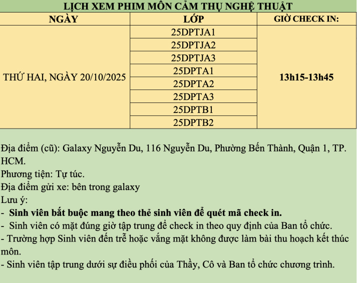 THÔNG BÁO LỊCH THAM QUAN BẢO TÀNG - XEM PHIM MÔN CẢM THỤ NGHỆ THUẬT 6