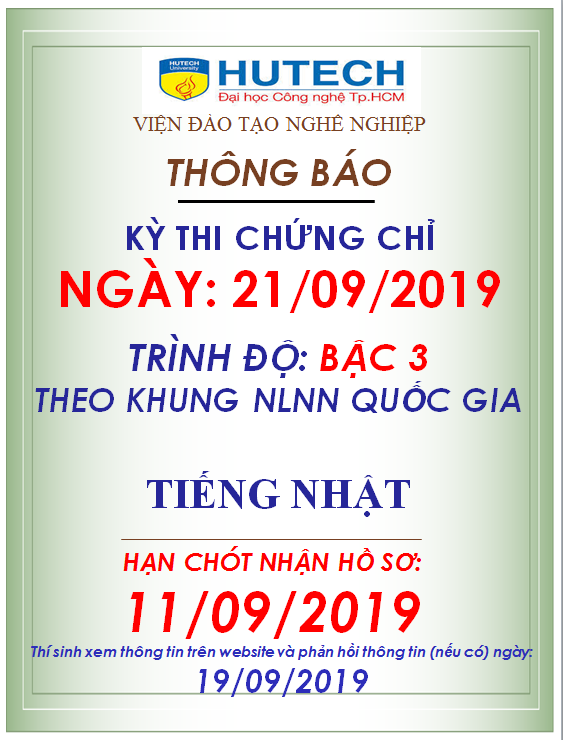 Viện Đào tạo Nghề nghiệp thông báo kỳ thi chứng chỉ NLNN BẬC 3 ngày: 21/09/2019 19