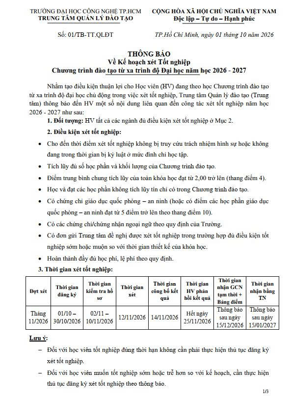THÔNG BÁO XÉT TỐT NGHIỆP - ĐỢT THÁNG 11/2026 - CHƯƠNG TRÌNH ĐÀO TẠO TỪ XA 6