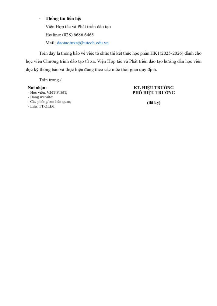 THÔNG BÁO LỊCH THI KẾT THÚC HỌC PHẦN HỌC KỲ I, NĂM HỌC 2025-2026 (Dành cho học viên Chương trình đào tạo từ xa, trình độ đại học) 29