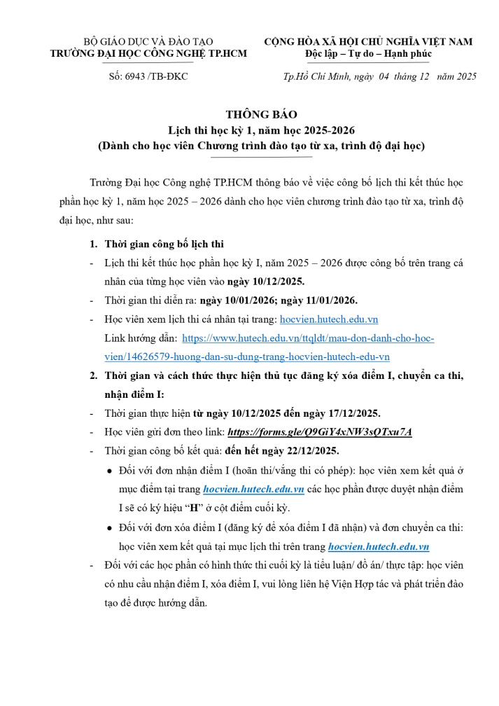 THÔNG BÁO LỊCH THI KẾT THÚC HỌC PHẦN HỌC KỲ I, NĂM HỌC 2025-2026 (Dành cho học viên Chương trình đào tạo từ xa, trình độ đại học)