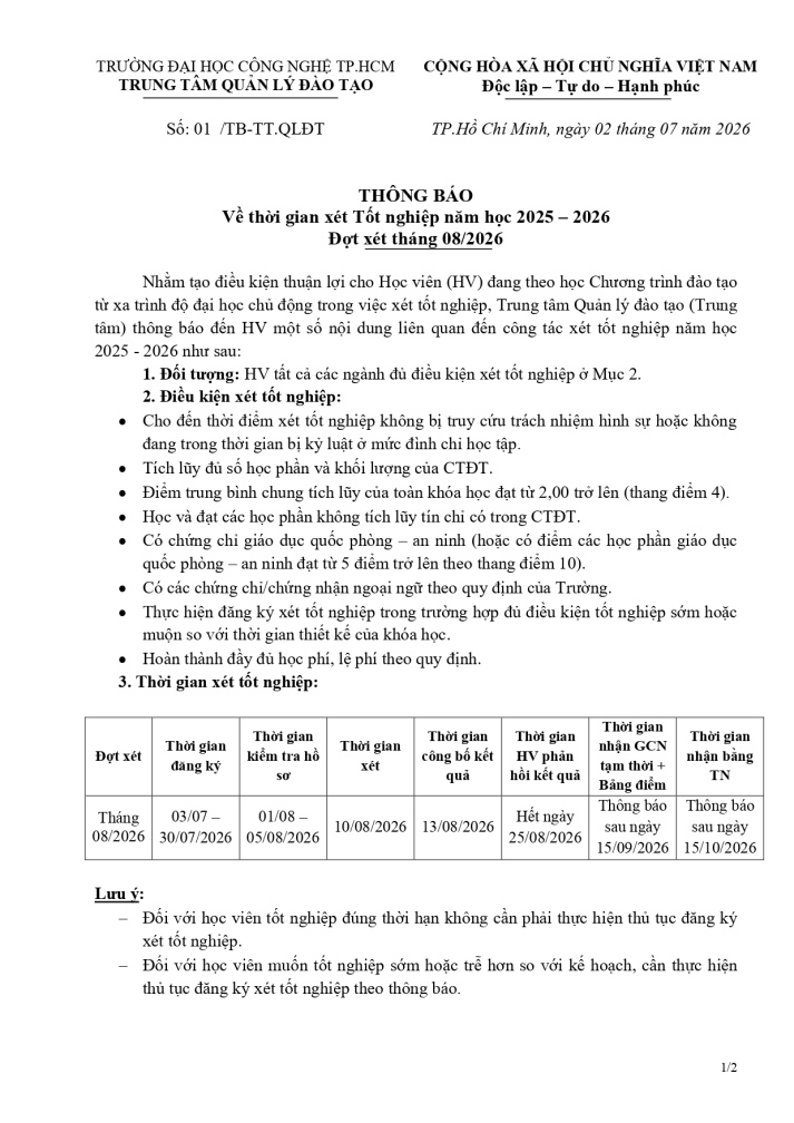 THÔNG BÁO XÉT TỐT NGHIỆP - ĐỢT THÁNG 08/2026 - CHƯƠNG TRÌNH ĐÀO TẠO TỪ XA 9