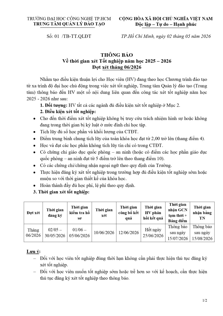 THÔNG BÁO XÉT TỐT NGHIỆP - ĐỢT THÁNG 06/2026 - CHƯƠNG TRÌNH ĐÀO TẠO TỪ XA 10