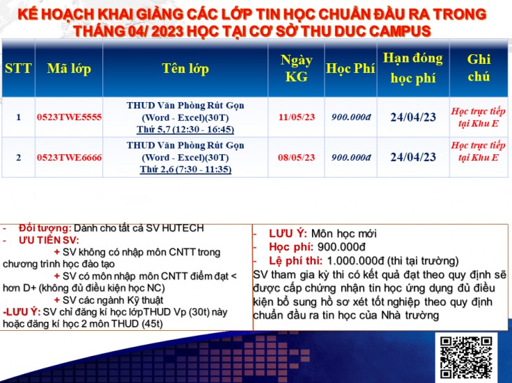 Kế hoạch chiêu sinh các lớp Tin học chuẩn đầu ra khai giảng tháng 05.2023 học tại Thu Duc Campus, Sai Gon Campus(gồm các lớp học ban ngày và buổi tối, Online) 6