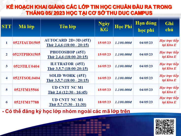 Kế hoạch chiêu sinh các lớp Tin học chuẩn đầu ra khai giảng tháng 05.2023 học tại Thu Duc Campus, Sai Gon Campus(gồm các lớp học ban ngày và buổi tối, Online) 4
