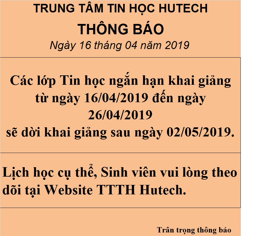 DỜI TKB CÁC LỚP TIN HỌC ỨNG DỤNG KG từ 16/04/2019 - 26/04/2019 2