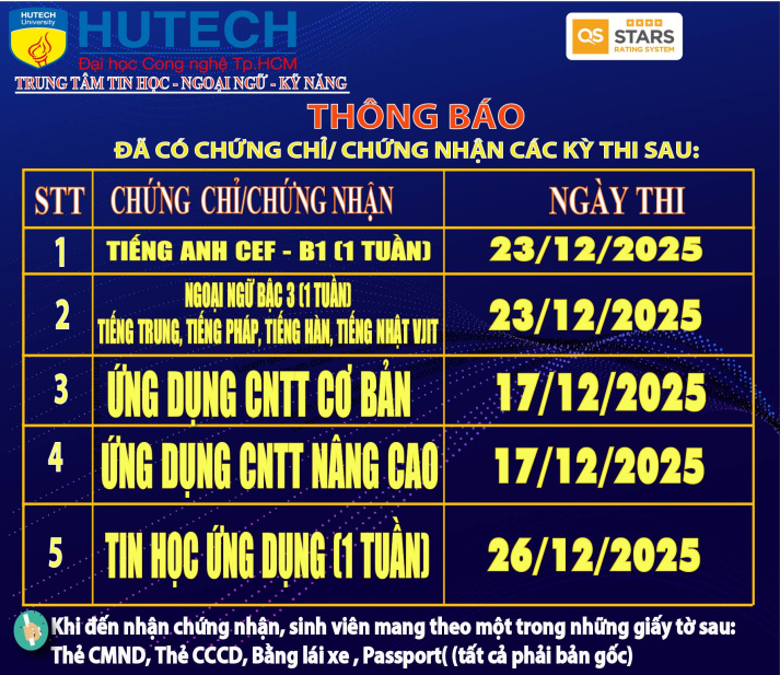 Thông báo đã có chứng chỉ/chứng nhận các kỳ thi cập nhật 3/01/2026 2