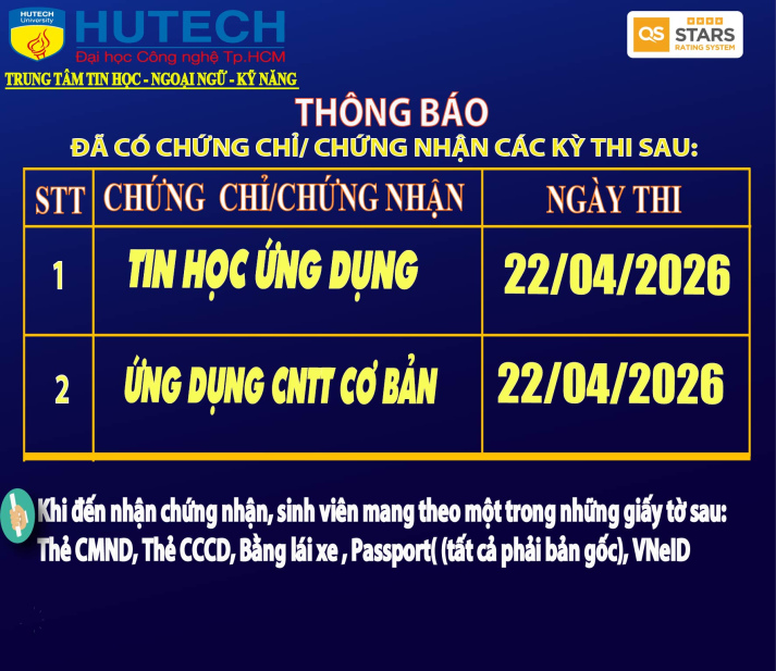 Thông báo đã có chứng chỉ/chứng nhận các kỳ thi cập nhật 9/05/2026 2