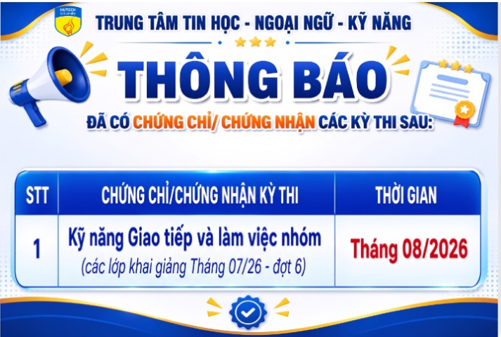 Thông báo đã có chứng chỉ/chứng nhận các kỳ thi cập nhật 19/08/2026 2