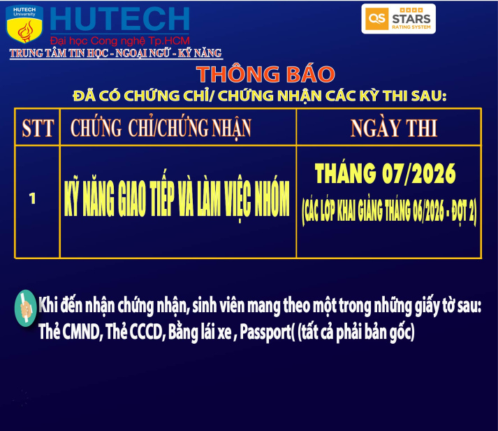 Thông báo đã có chứng chỉ/chứng nhận các kỳ thi cập nhật 24/07/2026 2