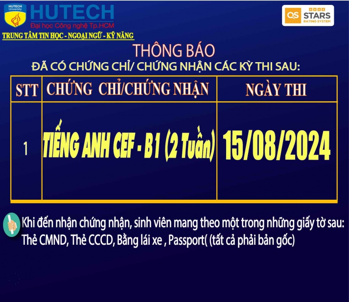 Thông báo đã có chứng chỉ/chứng nhận các kỳ thi cập nhật 4/09/2024 2