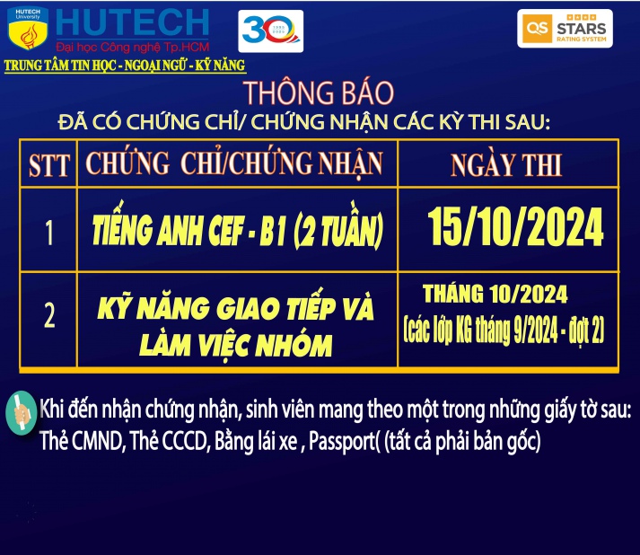 Thông báo đã có chứng chỉ/chứng nhận các kỳ thi cập nhật 5/11/2024 2