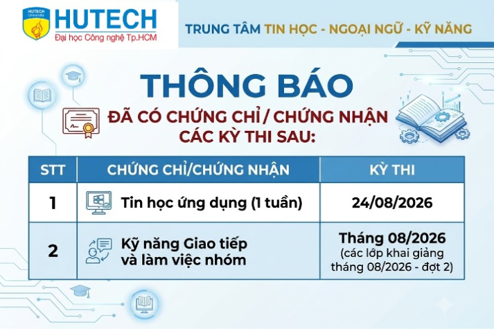 Thông báo đã có chứng chỉ/chứng nhận các kỳ thi cập nhật 4/09/2026 2