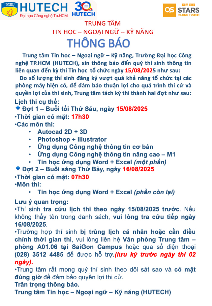 Thông báo về việc bố trí kỳ thi ngày 15/08/2025 thành 02 đợt thi vào ngày thi 15/08/2025 và 16/08/2025 2