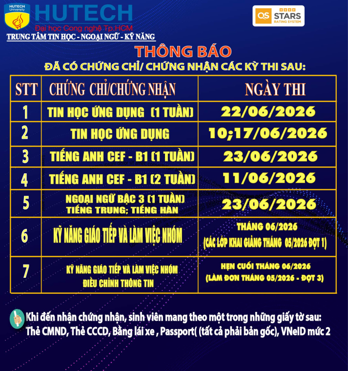 Thông báo đã có chứng chỉ/chứng nhận các kỳ thi cập nhật 4/07/2026 2