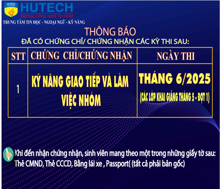 Thông báo đã có chứng chỉ/chứng nhận các kỳ thi cập nhật 3/07/2025 2