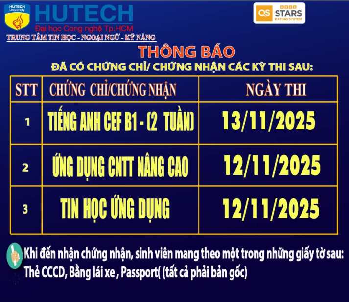 Thông báo đã có chứng chỉ/chứng nhận các kỳ thi cập nhật 10/12/2025 2