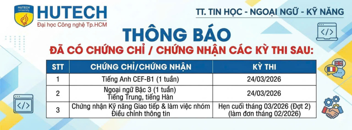 Thông báo đã có chứng chỉ/chứng nhận các kỳ thi cập nhật 2/04/2026 2