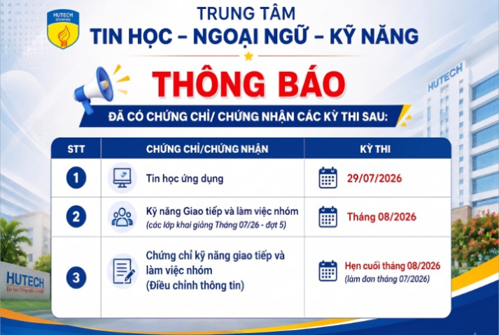 Thông báo đã có chứng chỉ/chứng nhận các kỳ thi cập nhật 18/08/2026 2