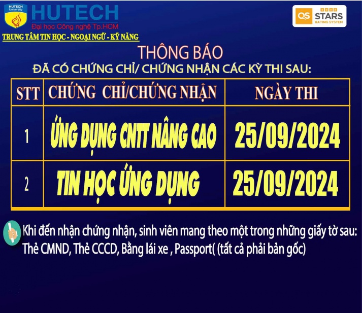 Thông báo đã có chứng chỉ/chứng nhận các kỳ thi cập nhật 14/10/2024 2